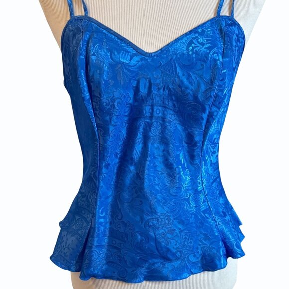 VTG Victorias Secret Blue Jacquard Cami Top Sz S Silky Satin Gold Label Strappy - Picture 2 of 9